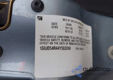 2004 Saturn L300 2 из США, поврежденный, VIN 1G8JD54R44Y502249